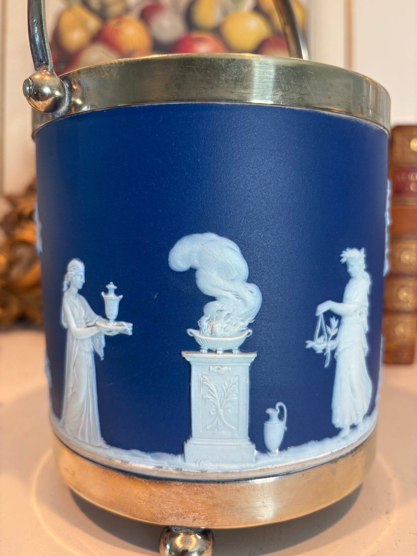 Antique Jasperware Cobalt Blue Dip Biscuit Jar W/ Silverplate Mounts