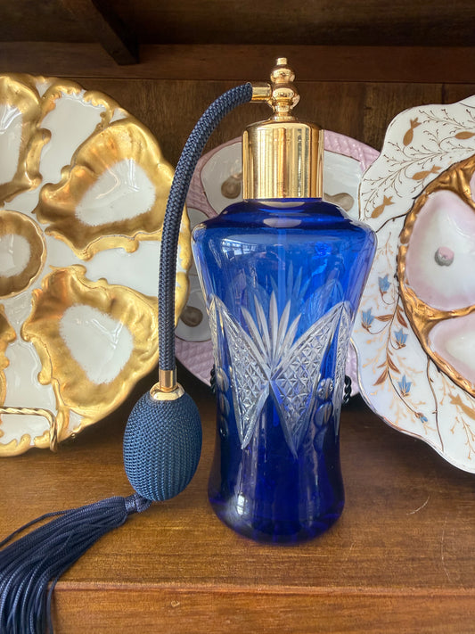 Reserved T - Vintage Cut to Clear Cobalt Perfume Bottle w/ Atomizer