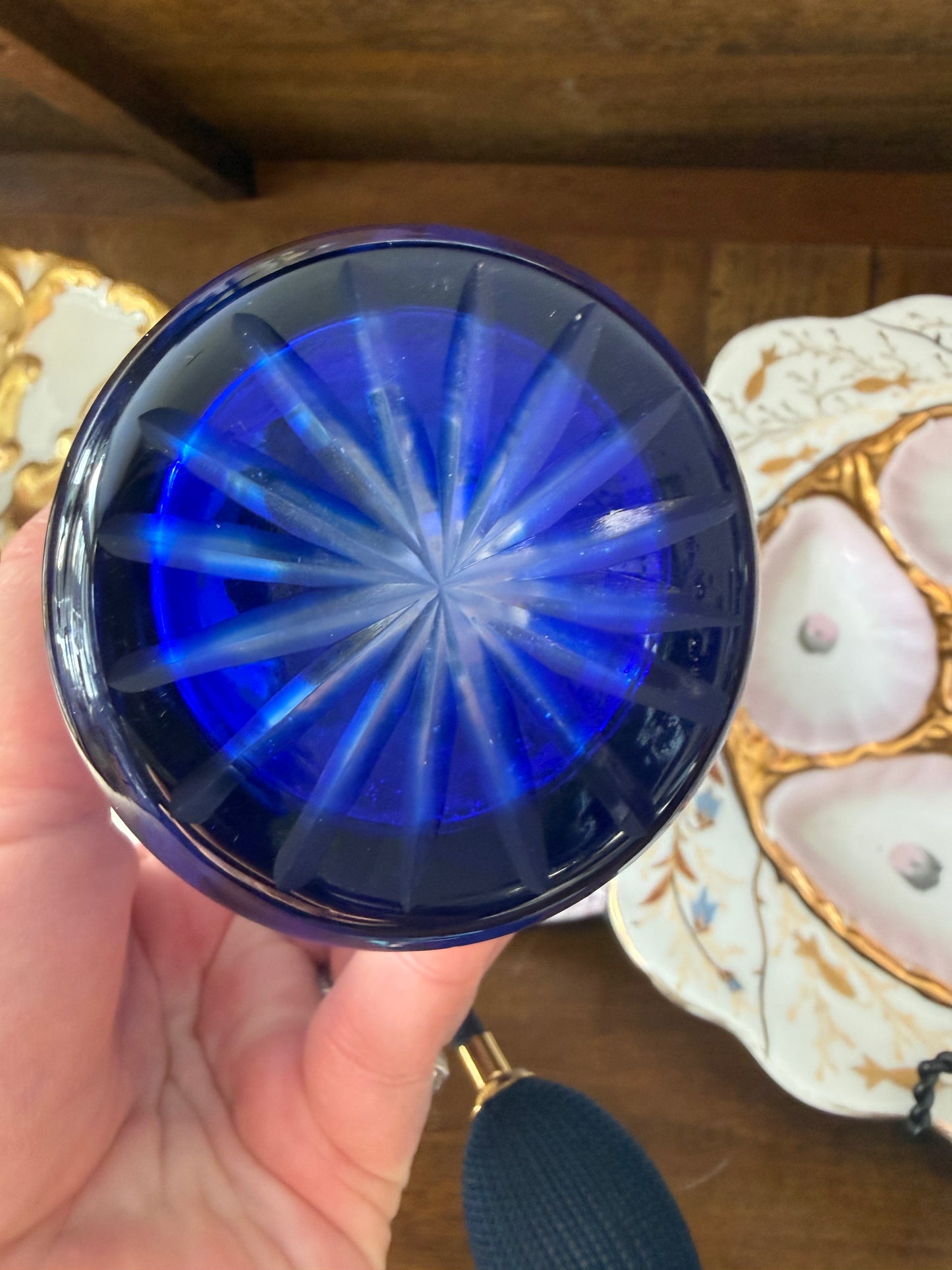 Reserved T - Vintage Cut to Clear Cobalt Perfume Bottle w/ Atomizer