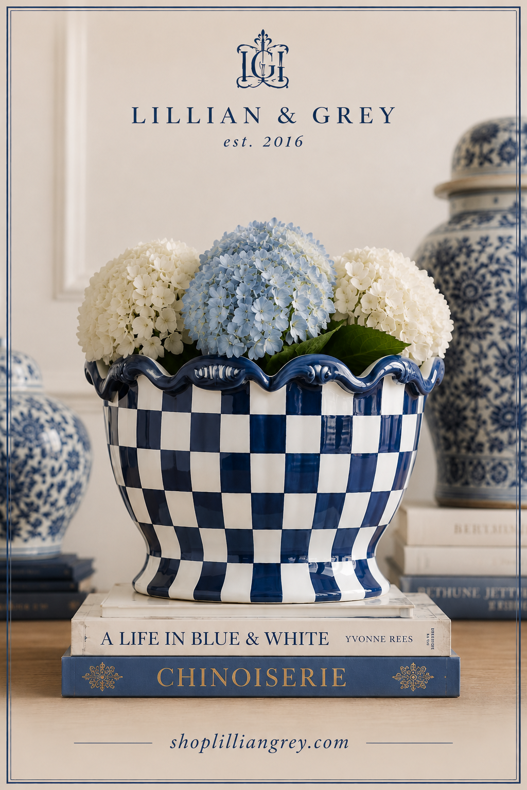 Danny’s Fine Porcelain Blue & White Check Footed Cachepot Planter | 8” x 8” x 6”