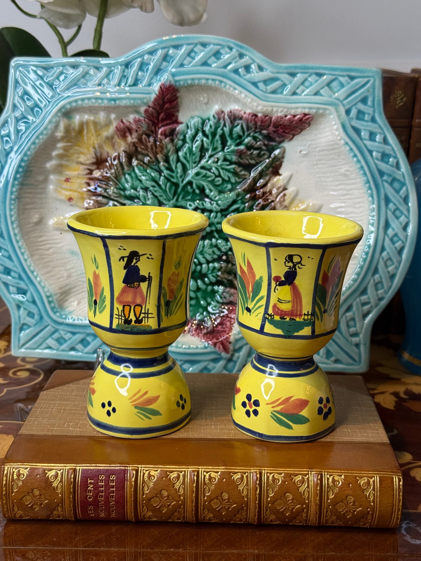 Vintage Pair of Quimper France Double Egg Cups | Hand-Painted Breton Figures | 4” Tall |