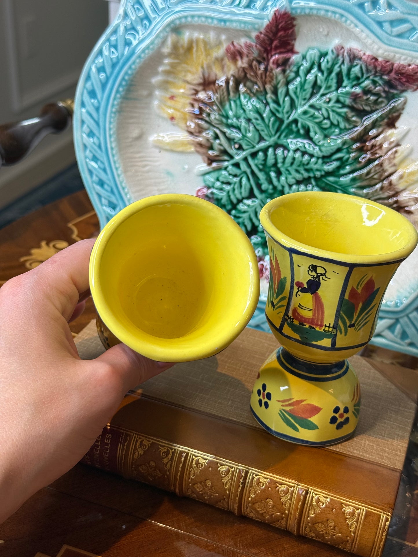 Vintage Pair of Quimper France Double Egg Cups | Hand-Painted Breton Figures | 4” Tall |