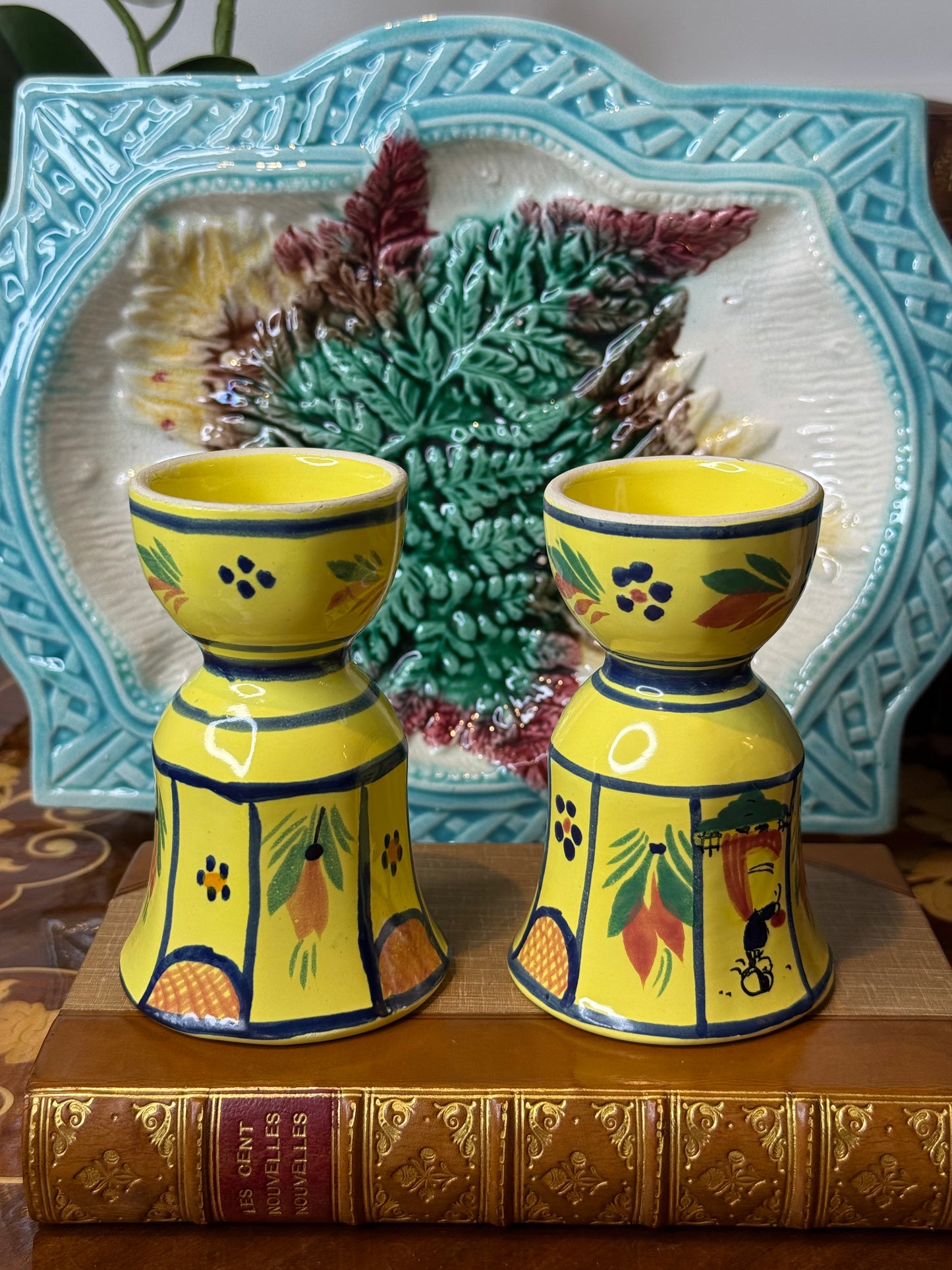 Vintage Pair of Quimper France Double Egg Cups | Hand-Painted Breton Figures | 4” Tall |