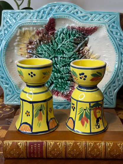 Vintage Pair of Quimper France Double Egg Cups | Hand-Painted Breton Figures | 4” Tall |