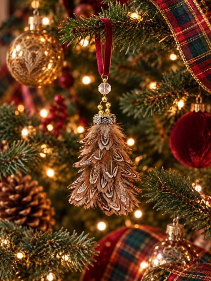 Handmade Pheasant Feather Mini-Christmas Tree Ornament W/ Vintage Crystal & Red Velour Ribbon