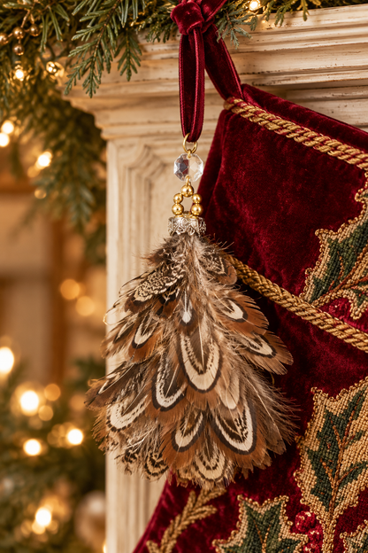 Handmade Pheasant Feather Mini-Christmas Tree Ornament W/ Vintage Crystal & Red Velour Ribbon