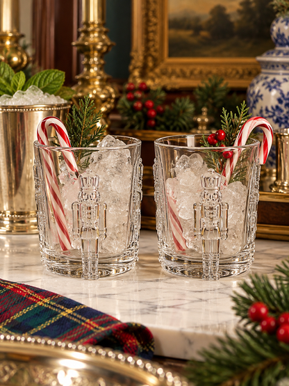 Set of Two | 11 oz Nutcracker Non-Leaded Crystal Double Old Fashioned Glasses | Christmas Cocktail & Whiskey Tumblers |