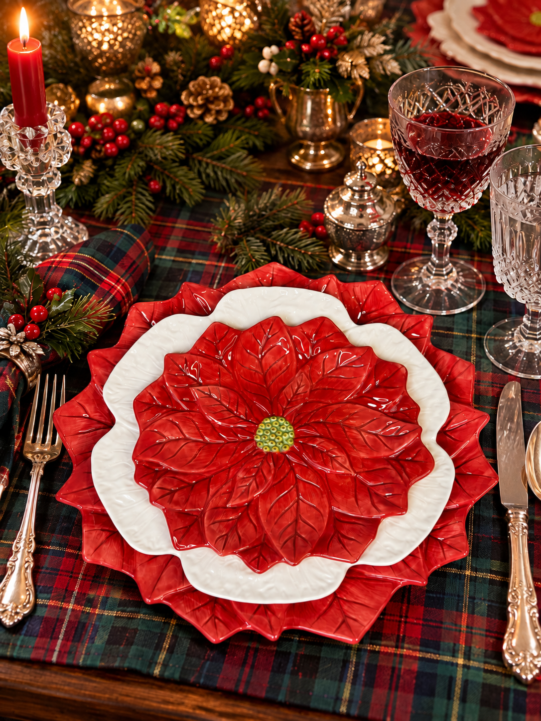 Three-Piece Poinsettia & Cabbage Holiday Place Setting | Charger, Dinner & Salad Plate