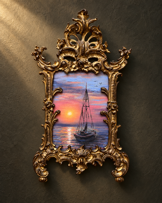 Original artwork seascape in antique brass frame 12x7”