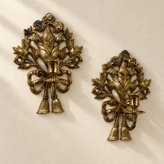 Vintage Brass Tone Floral Wall Candle Sconces Pair 9” Tall