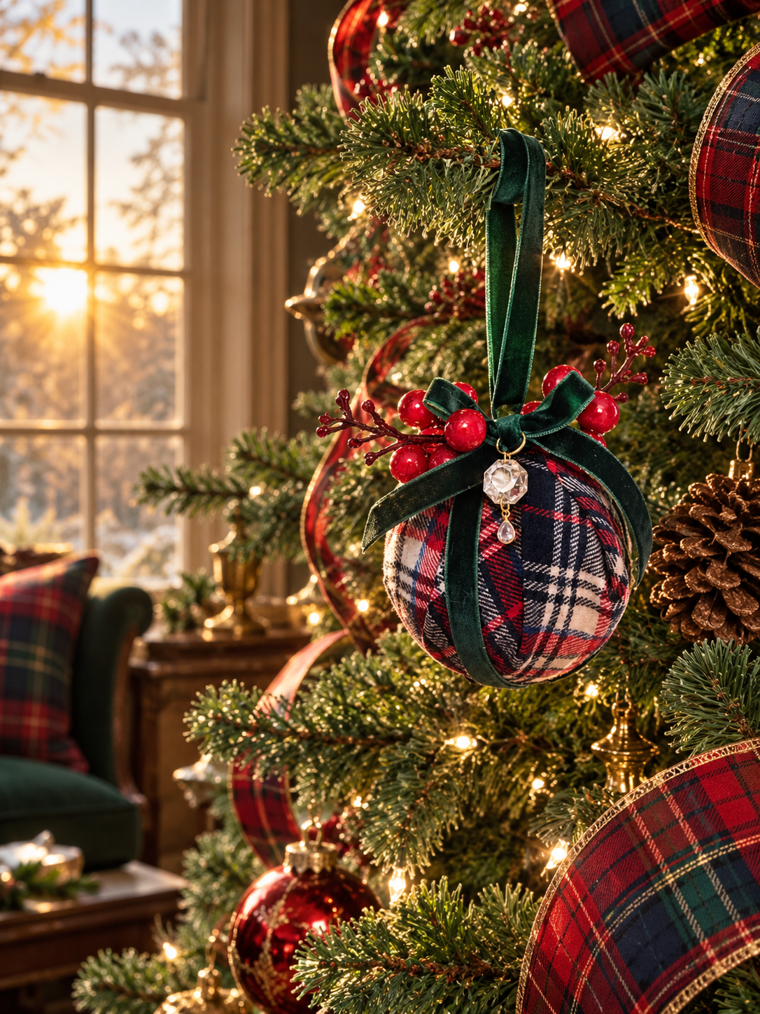 Custom Vintage Tartan RL Christmas Ornament | Velvet, Chandelier Crystal & Swarovski Drop | 3”