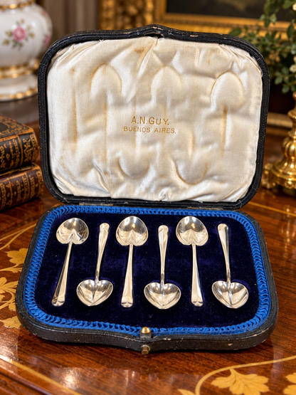 Antique Sterling Silver Heart-Shaped Coffee Spoons | Boxed Set of Six | A.N. Guy Buenos Aires | DA2652