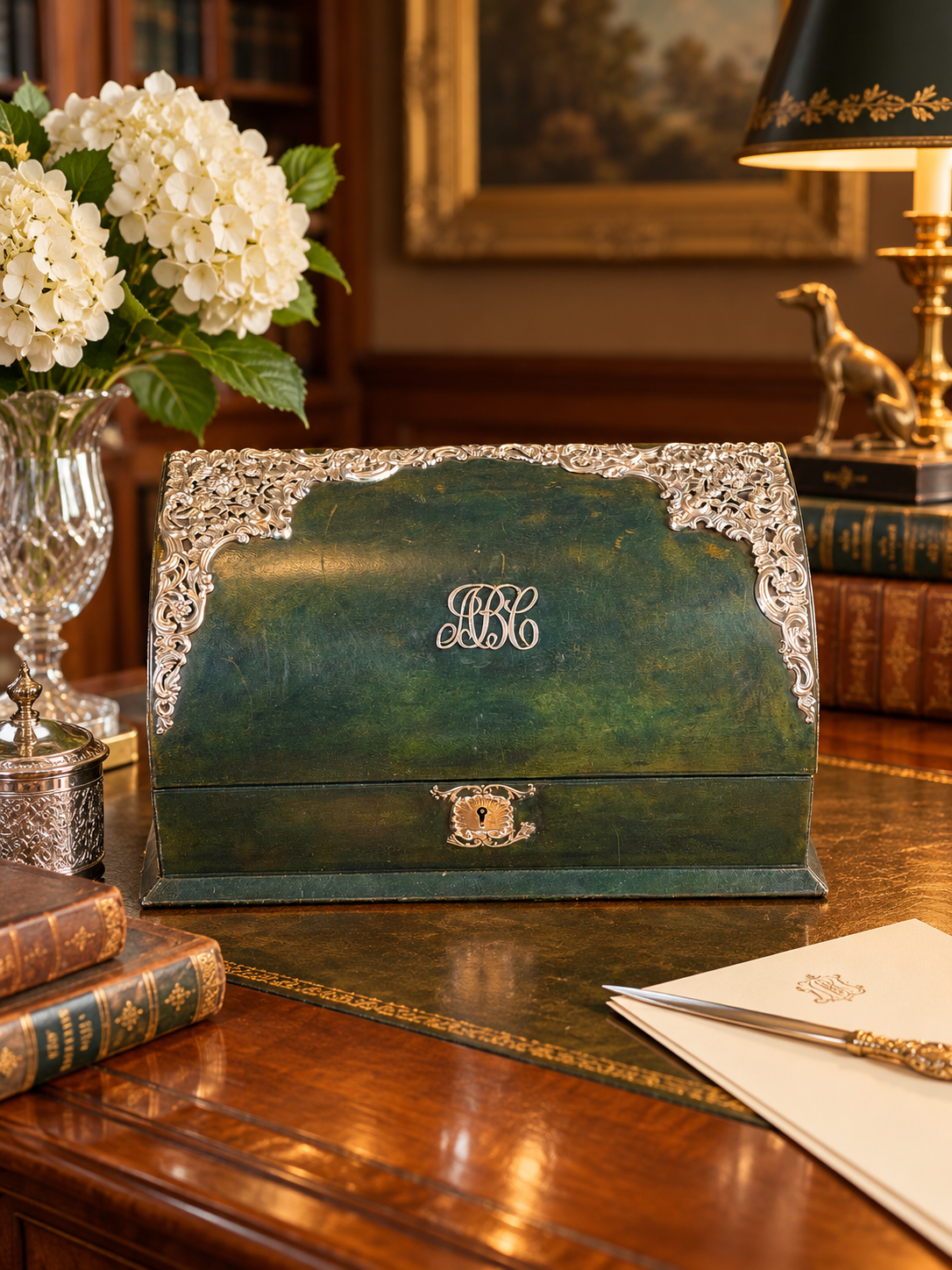 Antique William Comyns Green Leather Stationery Box with Sterling Silver Mounts | London 1901 | DA4609