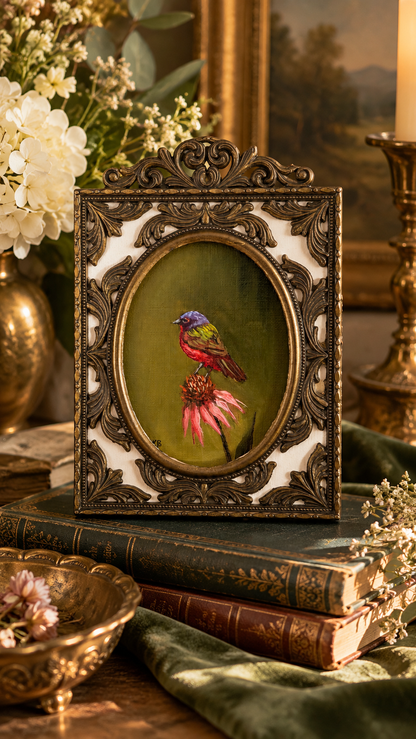 Day 3 challenge Painted bunting original oil painting in Italian brass vintage frame
