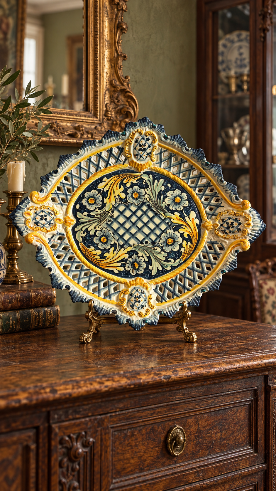Hand-Painted Caltagirone Italian Majolica Pierced Centerpiece Platter 14X17"