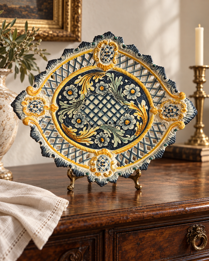 Hand-Painted Caltagirone Italian Majolica Pierced Centerpiece Platter 14X17"