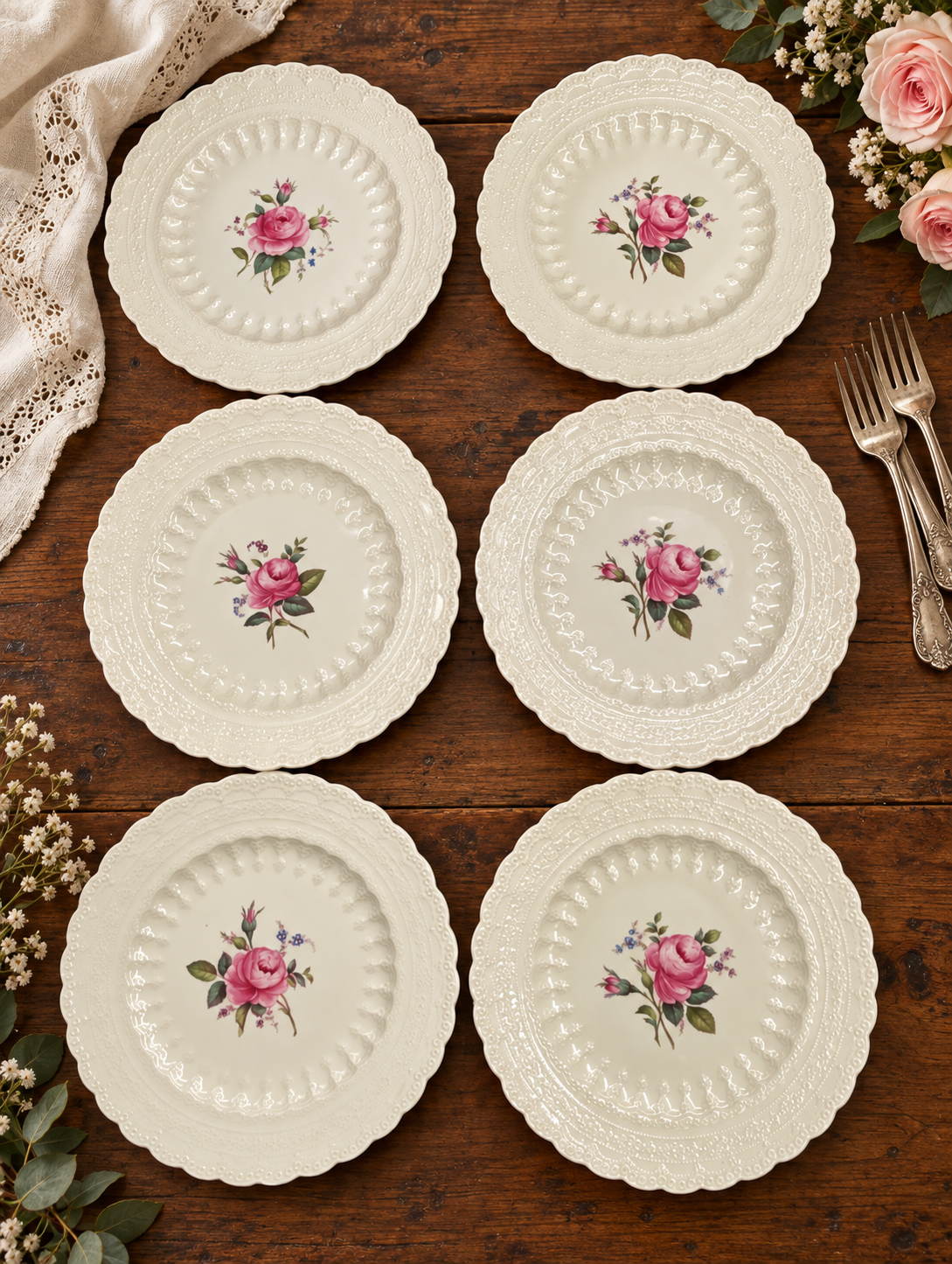 Set of Six Vintage Copeland Spode Jewel Billingsley Rose Dinner Plates