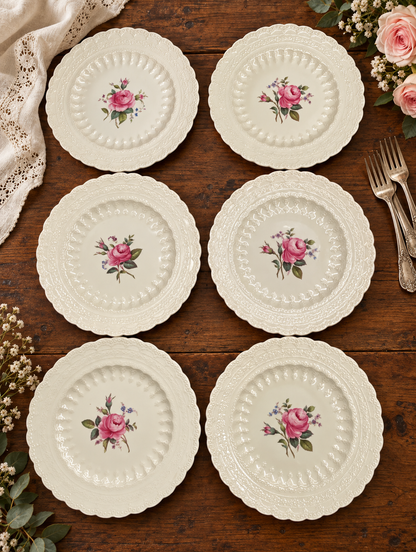 Set of Six Vintage Copeland Spode Jewel Billingsley Rose Dinner Plates