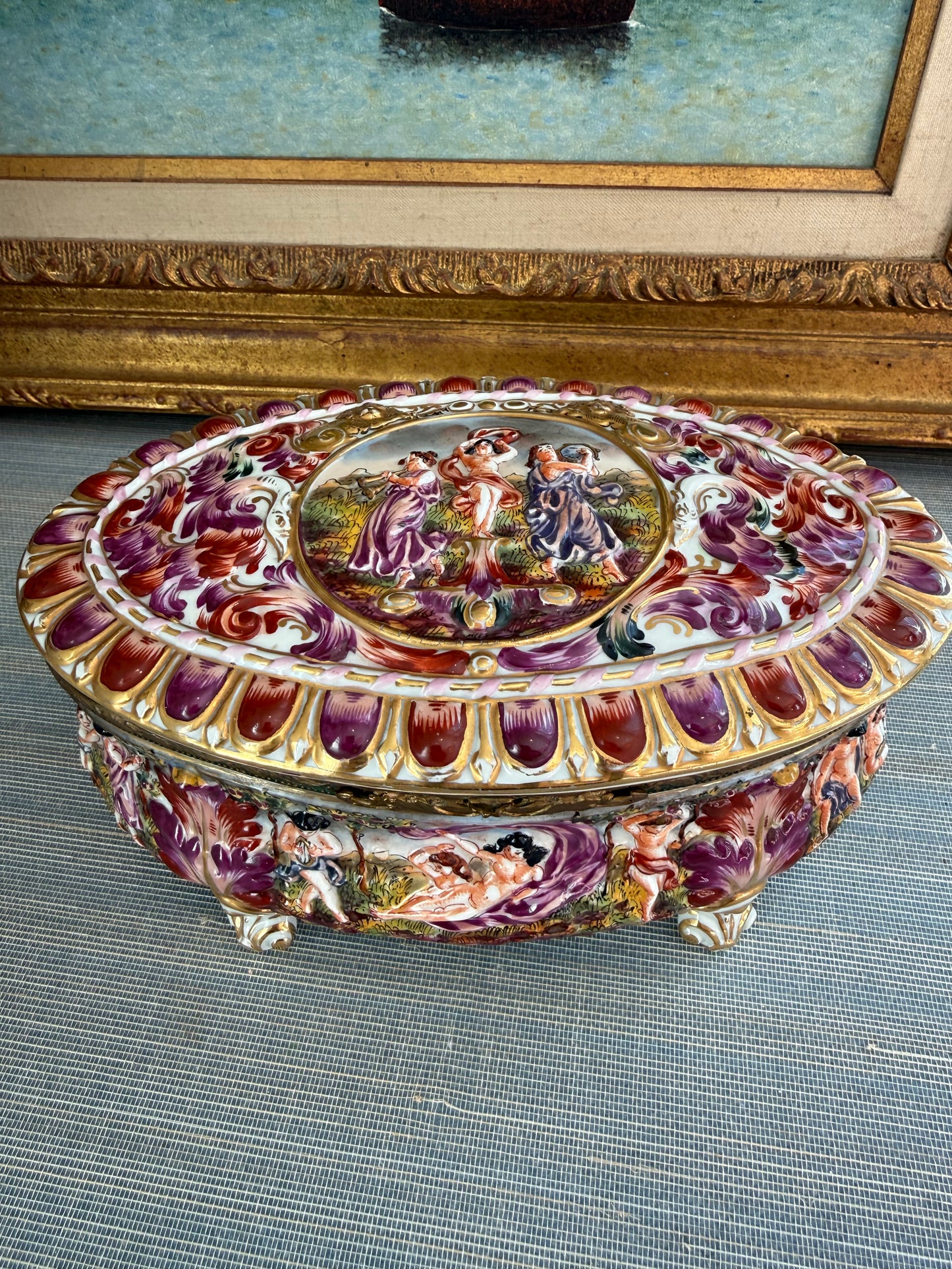 Live 2/10 Reserved T - Vintage Italian Capodimonte Style Porcelain Gilt Jewelry Casket with Putti/Cherubs