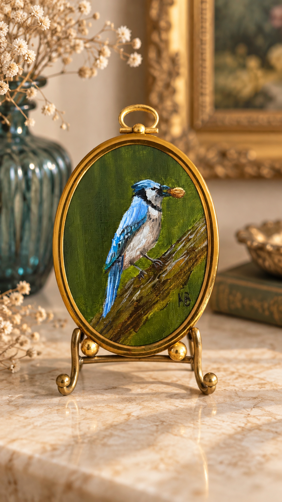 Day 5 challenge blue Jay, original oil painting in vintage brass frame