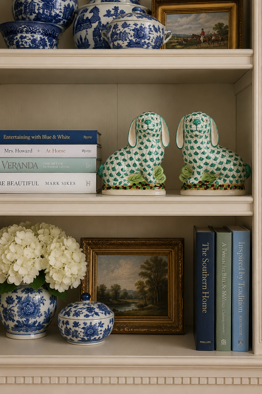 Danny's Fine Porcelain: Staffordshire Bunny Hare Pair in Green Fishnet – Hand-Painted Porcelain with Gold Detail, 8Lx4Wx8.5H" #41430