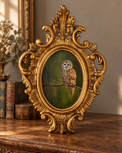Day 6 challenge owl original oil painting in wooden vintage frame