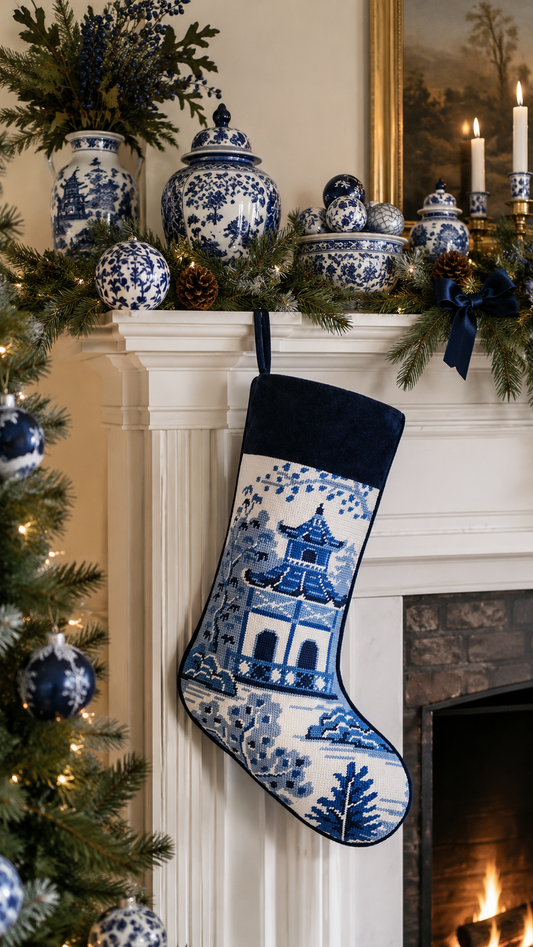 Blue & White Chinoiserie Pagoda Embroidered Needlepoint Style Christmas Stocking | 11" x 18"