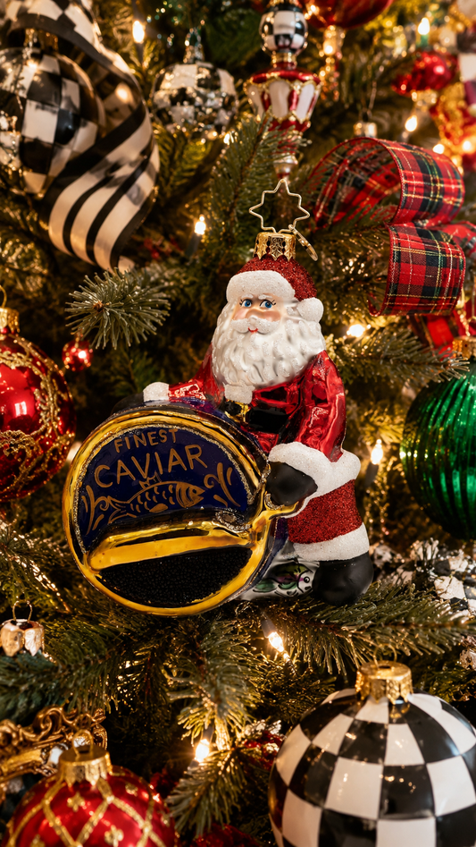 Christopher Radko Tinsel, Tin & Caviar Glass Christmas Ornament – Gourmet Santa with Caviar Tin & Fresh Catch