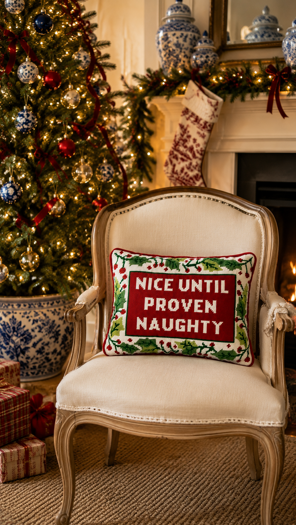 Nice Until Proven Naughty Embroidered Needlepoint Pillow | 10" x 14"