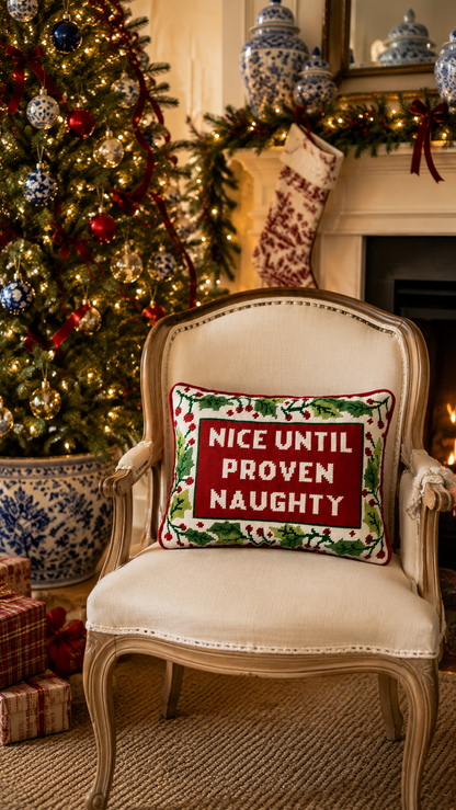 Nice Until Proven Naughty Embroidered Needlepoint Pillow | 10" x 14"