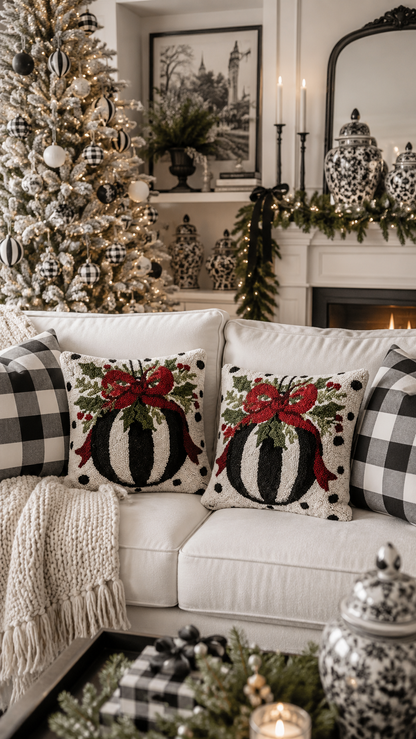 Christmas Black & White Wool Hooked Throw Pillow | 14" x 14" Holiday Accent Pillow