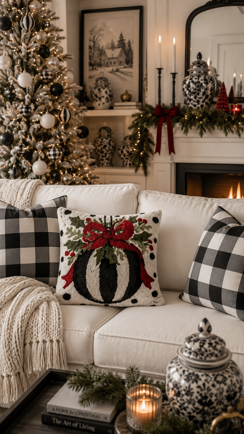 Christmas Black & White Wool Hooked Throw Pillow | 14" x 14" Holiday Accent Pillow