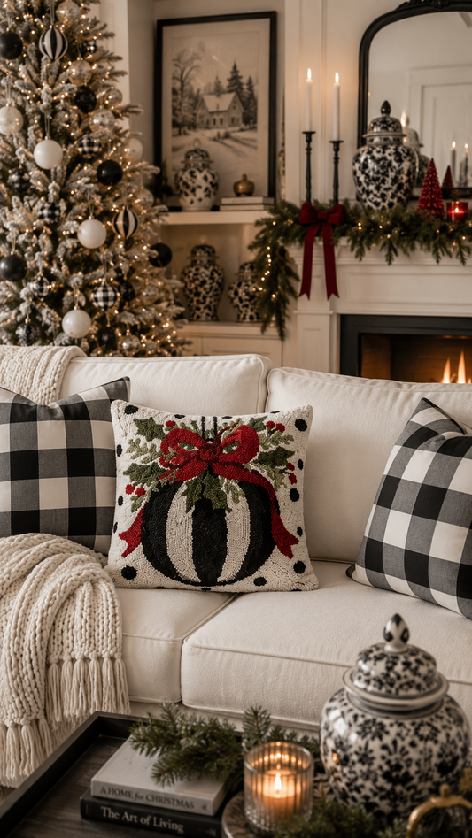 Christmas Black & White Wool Hooked Throw Pillow | 14" x 14" Holiday Accent Pillow
