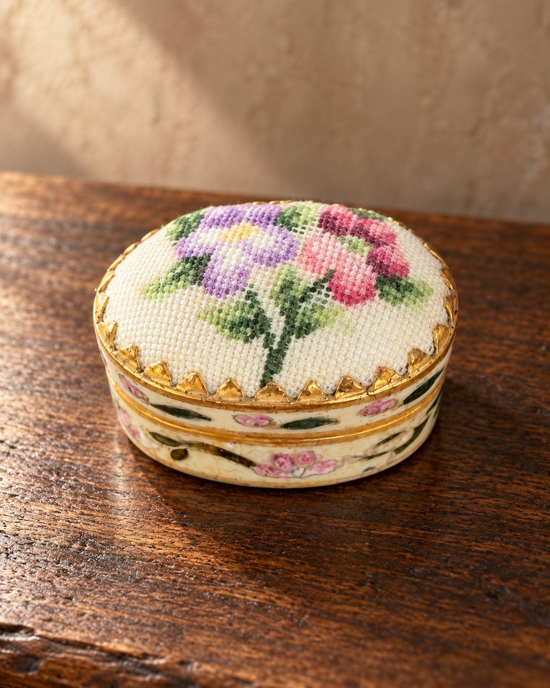 Vintage Porcelain Petit Point Floral Trinket Box