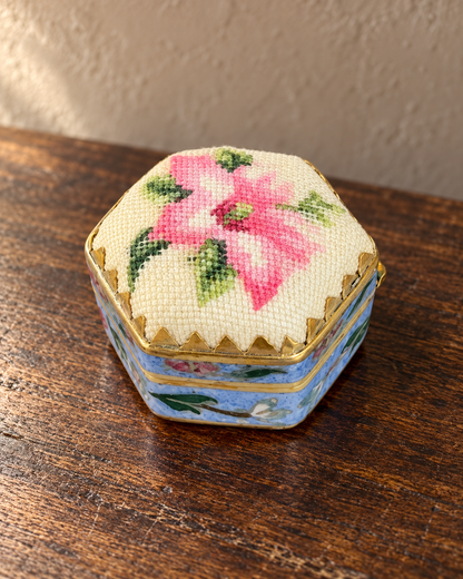 RESERVED - kmkborkey - Vintage Blue Porcelain Petit Point Floral Trinket Box