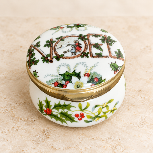 Vintage Eximious England NOEL Christmas Porcelain Trinket Box with Holly and Mouse