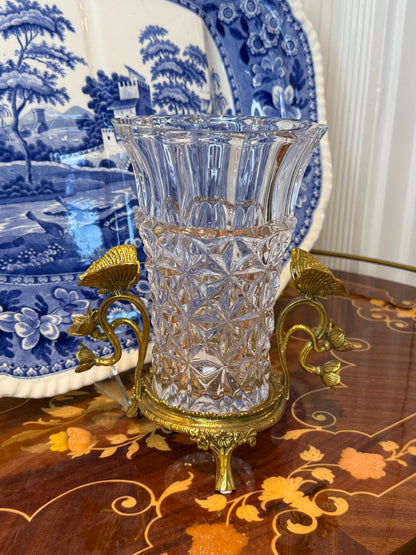 Danny's Fine Porcelain | Crystal Vase W/ Bronze Ormolu Butterfly Handles | Decorative Crystal Vase #14309