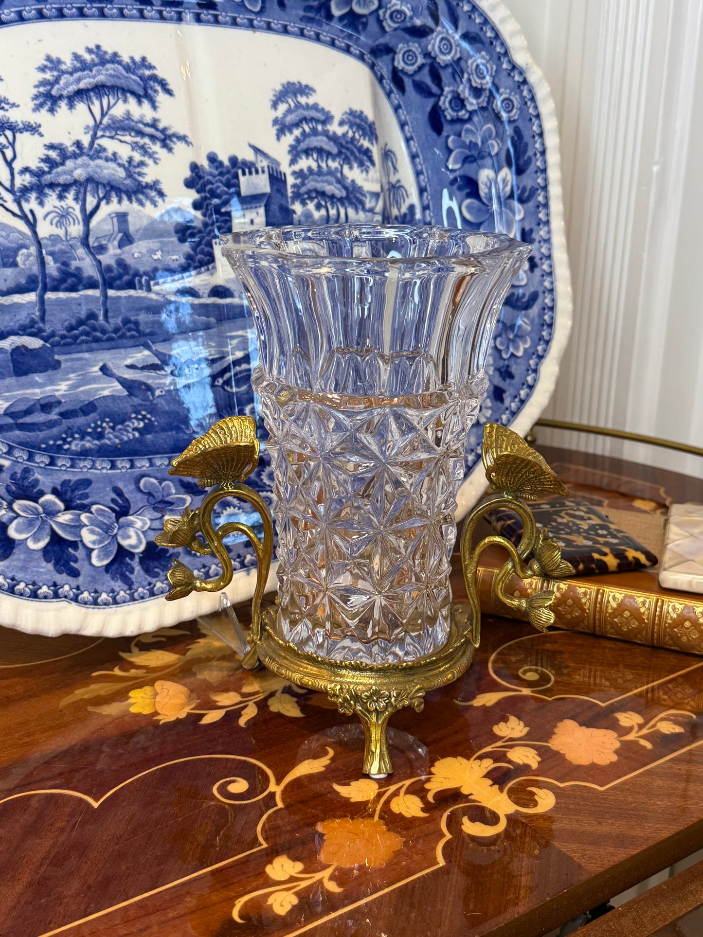 Danny's Fine Porcelain | Crystal Vase W/ Bronze Ormolu Butterfly Handles | Decorative Crystal Vase #14309