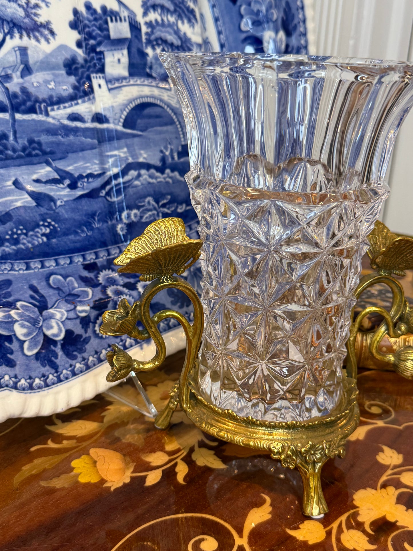Danny's Fine Porcelain | Crystal Vase W/ Bronze Ormolu Butterfly Handles | Decorative Crystal Vase #14309