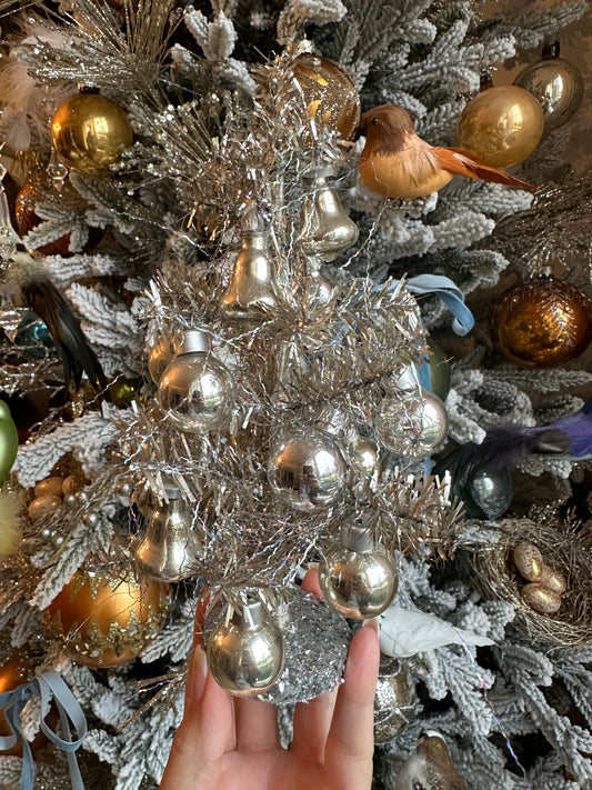 Miniature Silver Tinsel Tree w Tiny Vintage Ornaments