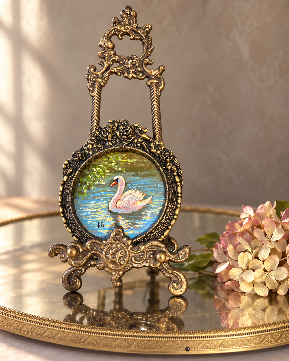 Day 13 Swan original oil painting in brass vintage frame