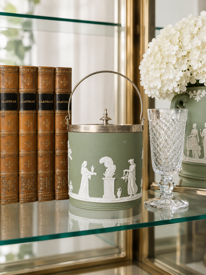 Vintage Wedgwood Sage Green Jasperware Biscuit Barrel with Silverplate Lid & Handle – Classical Relief