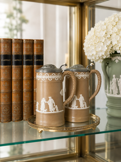 Pair of Antique Dudson Brothers Brown Jasperware Jugs | Late 19th-Century Staffordshire | Neoclassical Relief with Pewter Lids