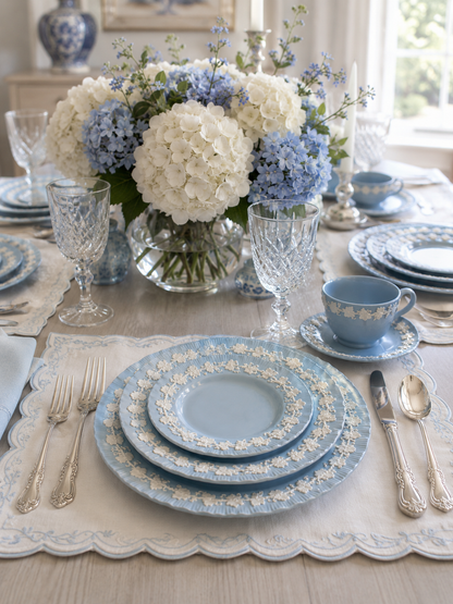 Vintage Wedgwood Queensware Pale Blue & White Scalloped 5-Piece Place Setting | Made in England | 12 Available