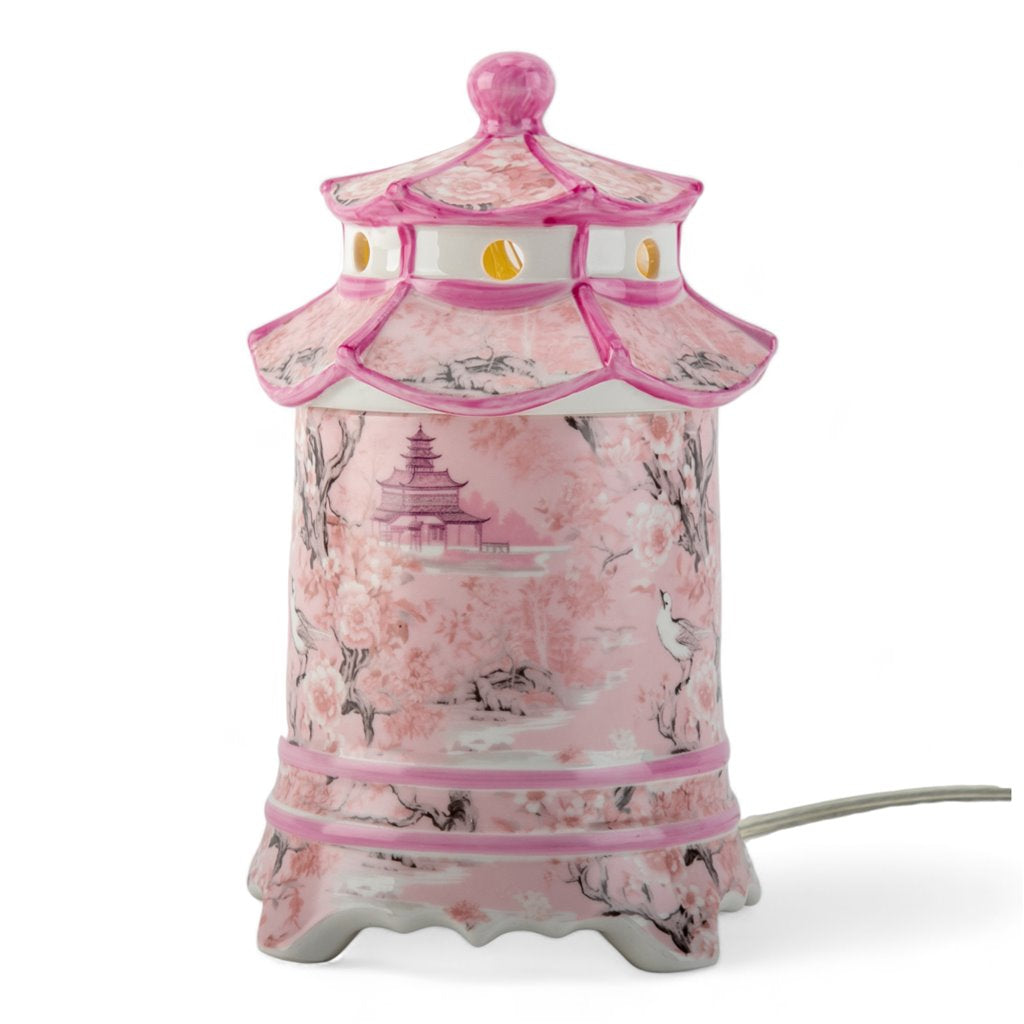 Danny’s Fine Porcelain: Pink & White Pagoda Lidded Lamp: 4.5L X 4.5W X 8H