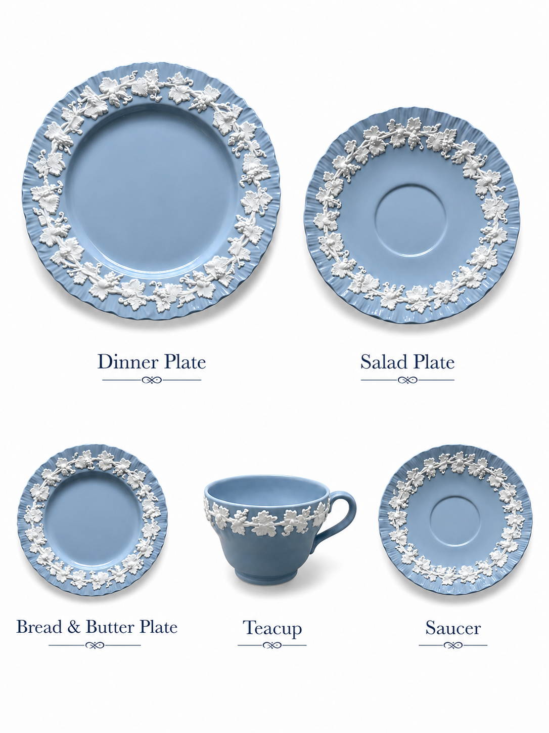 Vintage Wedgwood Queensware Pale Blue & White Scalloped 5-Piece Place Setting | Made in England | 12 Available