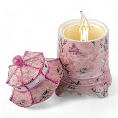 Danny’s Fine Porcelain: Pink & White Pagoda Lidded Lamp: 4.5L X 4.5W X 8H