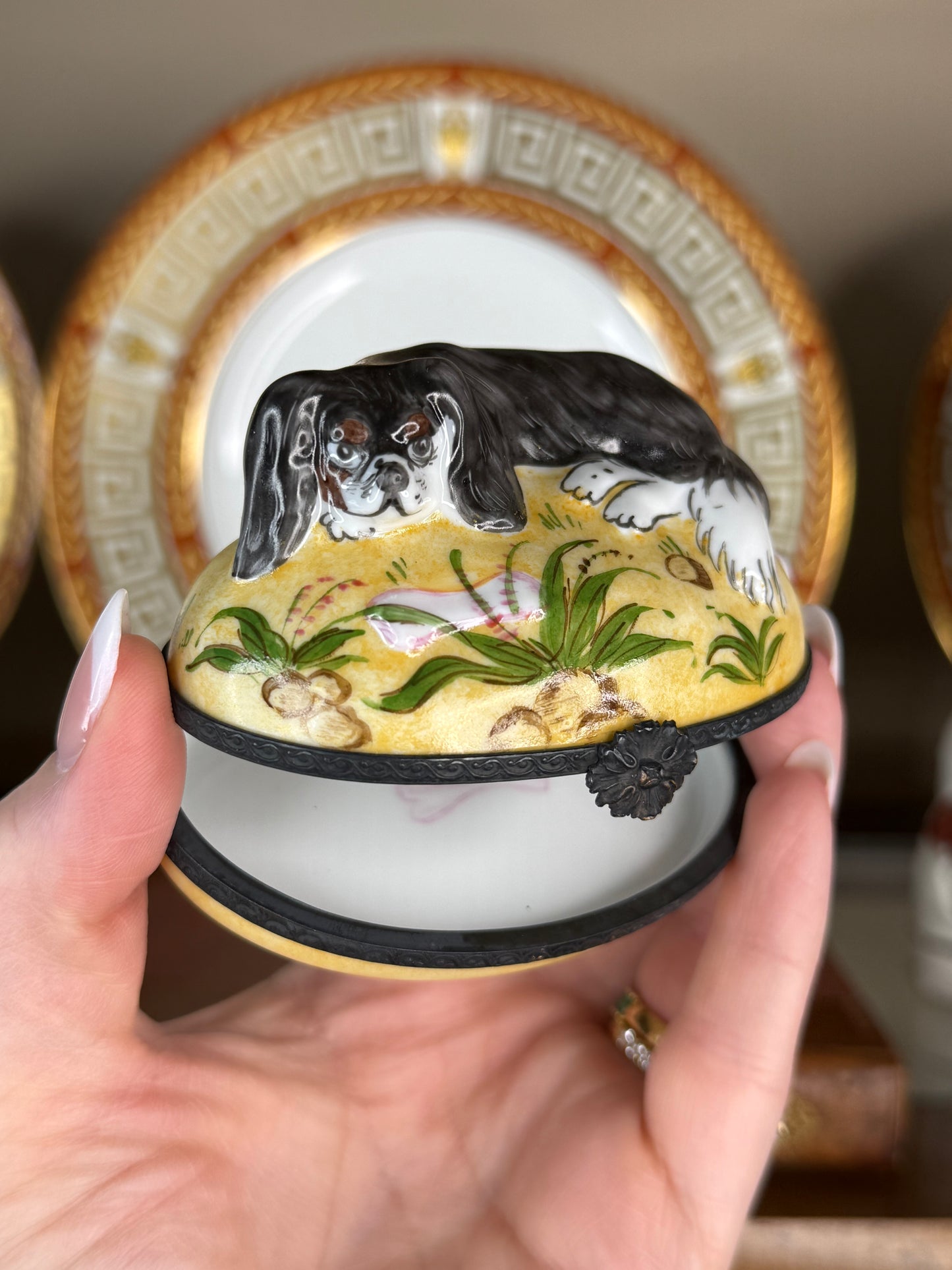 Vintage Limoges France Hand-Painted Porcelain Cavalier Spaniel Dog Trinket Box, 3.5”