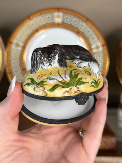 Vintage Limoges France Hand-Painted Porcelain Cavalier Spaniel Dog Trinket Box, 3.5”