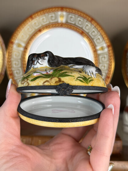 Vintage Limoges France Hand-Painted Porcelain Cavalier Spaniel Dog Trinket Box, 3.5”